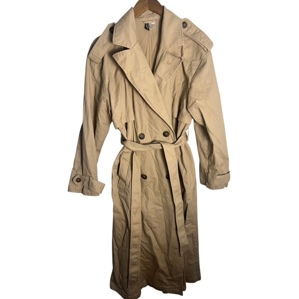 H&M Divided Womens Beige Cotton Twill Double Breasted‎ Trench Coat Belted Size M